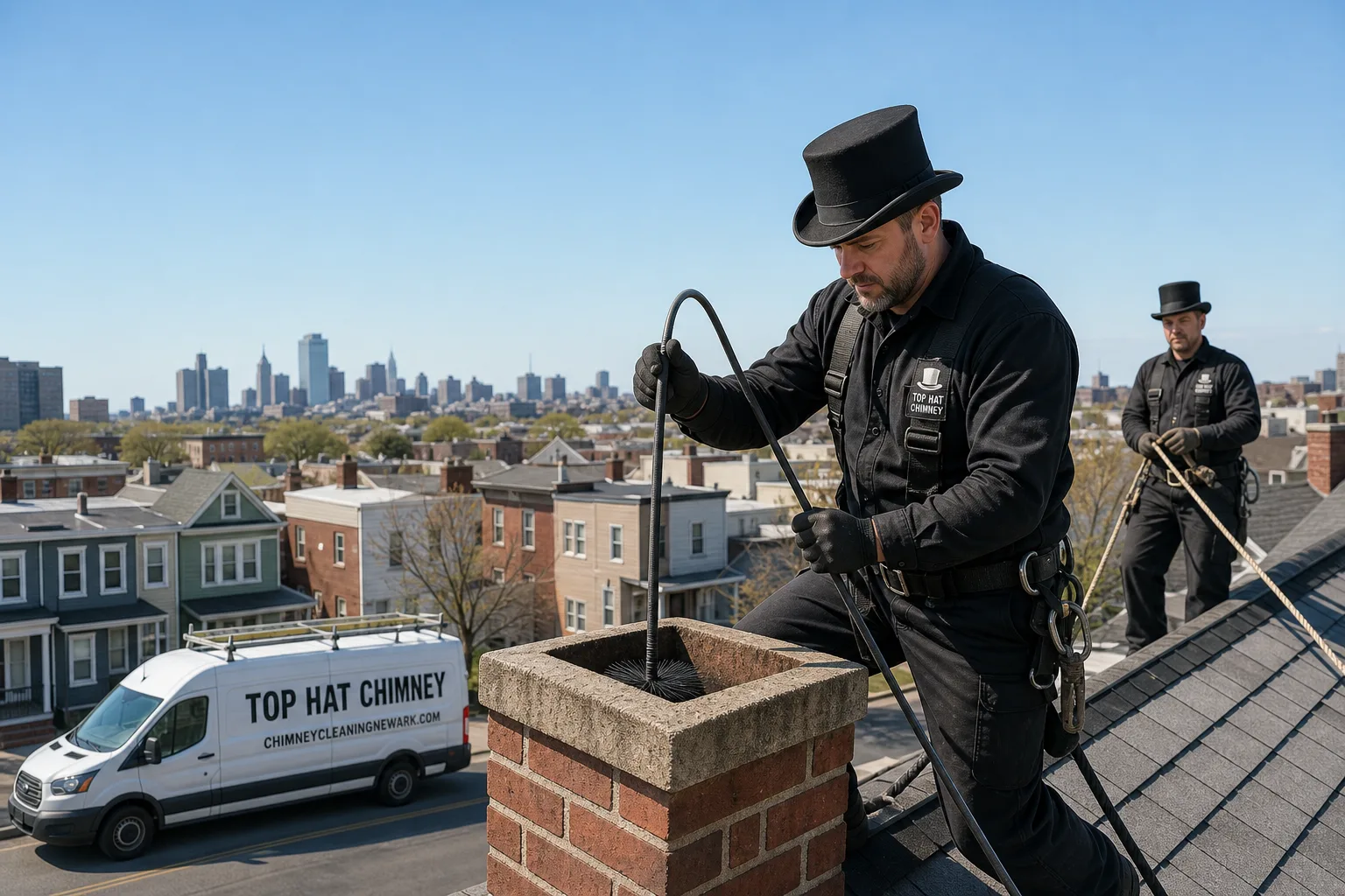 Top Hat Chimney chimney cleaning service vehicle and crew in Newark, NJ